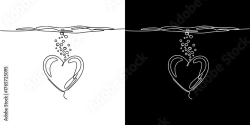 Isolated vector image in line art style of heart underwater, metaphor sea of love, two design options on transparent and black backgrounds, Valentine's Day