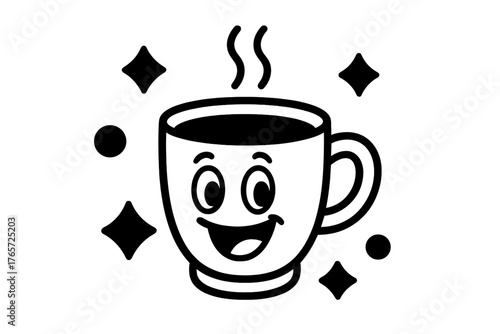 Cheerful cartoon coffee cup mascot character with steaming hot drink and sparkle elements