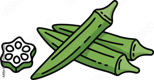 Fresh Okra Vegetable with Sliced Cross-Section - Flat Line Art Vector