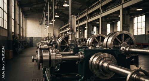 Industrial machinery lines in a vast factory space with hanging light fixtures