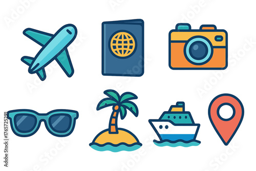Colorful essential travel and vacation symbols including airplane, passport, camera, sunglasses, and cruise ship