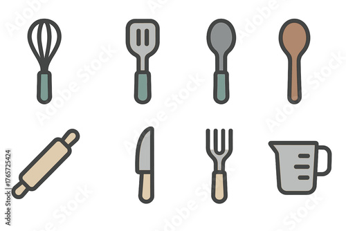 Essential kitchen tools and cooking implements including whisk spatula spoon knife and rolling pin
