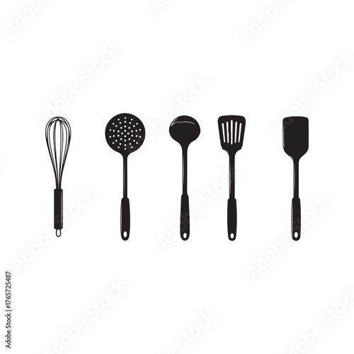 Illustration of kitchen utensil set, including whisk, skimmer, ladle, spatula, and turner, perfect for cooking and baking needs
