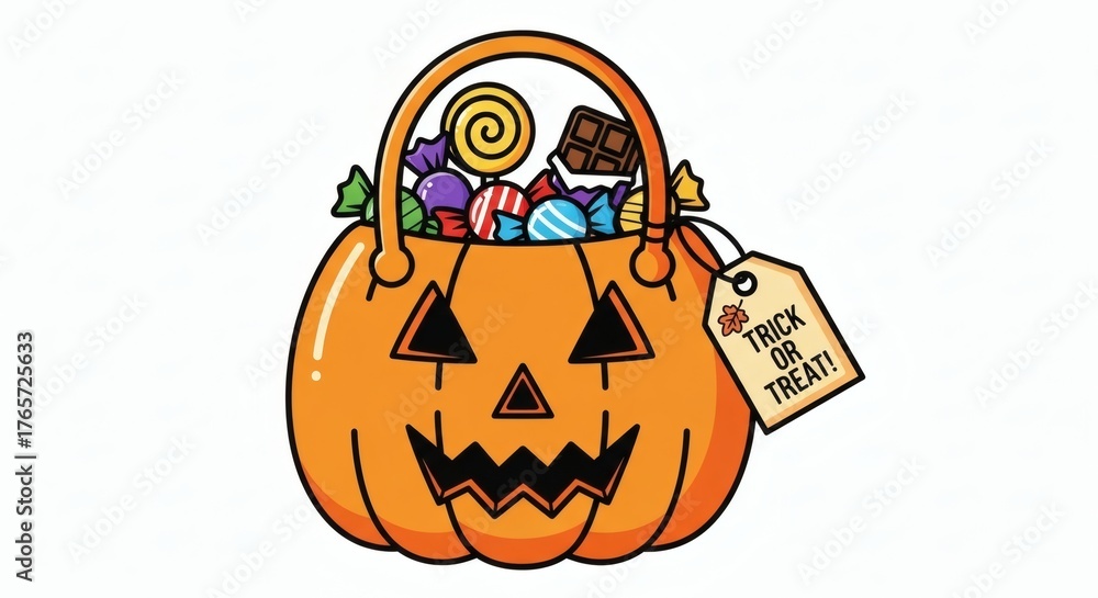 Fototapeta premium Spooky Halloween Clipart A Festive Jack-o'-Lantern Basket Filled with Sweet Treats and a 'Trick or Treat' Tag!