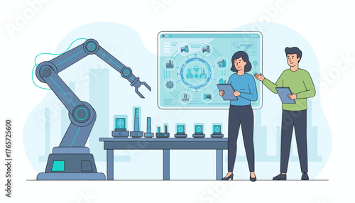 Technician and manager collaborating on industrial automation, controlling a robotic arm and monitoring production processes on a digital interface, showcasing smart factory technology and