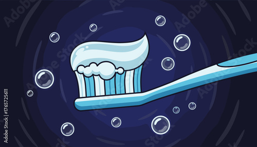 Close-up cartoon illustration of a blue toothbrush with a generous swirl of white toothpaste and bubbles, set against a dark blue swirling background, symbolizing oral hygiene and dental care.