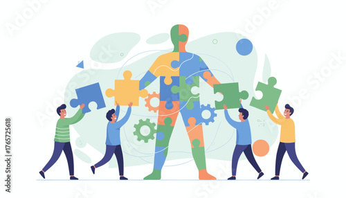 Diverse team of people collaborating to assemble a giant human-shaped puzzle, symbolizing unity, problem-solving, and the power of collective effort in achieving a common goal, with gears