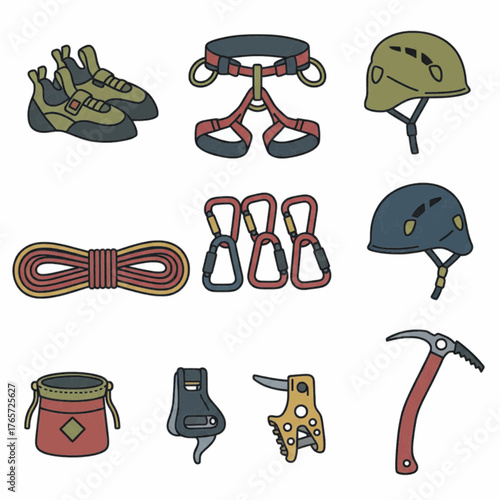 Rock Climbing Gear and Mountaineering Equipment Set Vector Icons Illustration
