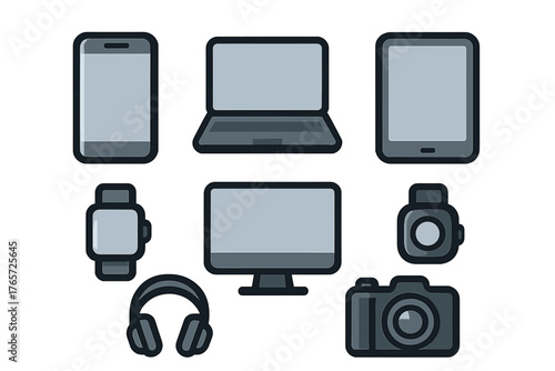 Set of contemporary consumer electronics devices for digital media and communication