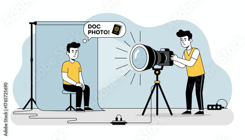 Flat vector illustration depicting a nervous young man sitting for a passport photo, with a photographer aiming a large camera with a bright flash, symbolizing the urgency and importance of official
