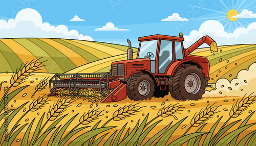 Vibrant cartoon illustration of a red combine harvester working in a golden wheat field under a bright sunny sky with fluffy clouds, depicting the agricultural process of crop harvesting in a