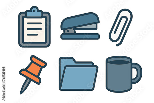 Essential office supplies collection with stationery icons: clipboard, stapler, folder, paperclip, mug