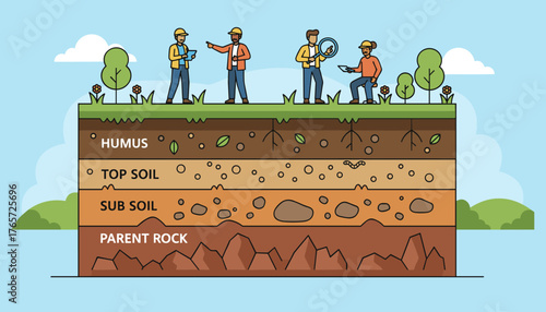 Vector illustration depicting the geological structure of soil layers, including humus, topsoil, subsoil, and parent rock, with scientists examining the cross-section outdoors under a clear blue sky