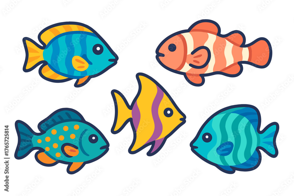 Fototapeta premium Collection of five brightly colored cartoon tropical fish characters swimming underwater