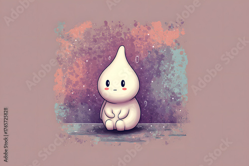 stylized cute teardrop character sitting alone in a soft muted pastel space expressing a gentle bittersweet emotional tone