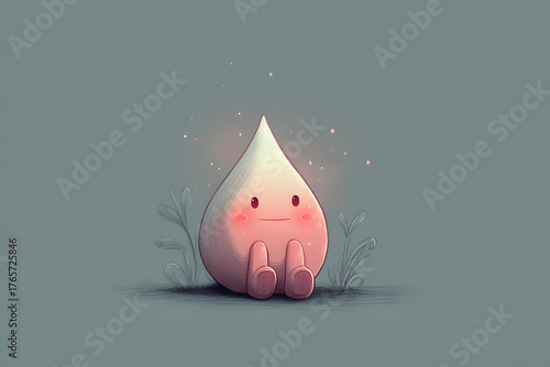 stylized cute teardrop character sitting alone in a soft muted pastel space expressing a gentle bittersweet emotional tone