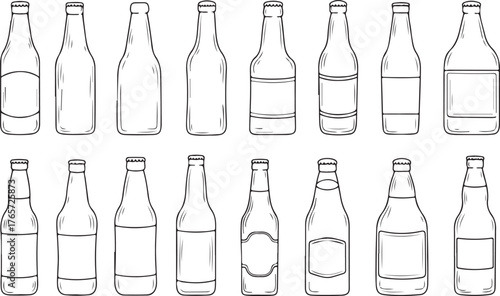Large Set of Beer Bottle Outline Icons - Alcohol Beverage Line Art Vector