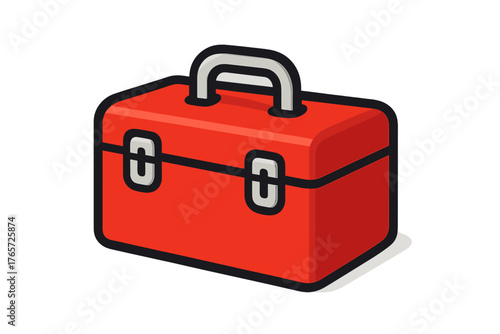 Bright red metal toolbox with handle and latches isolated on a white background