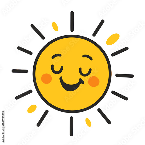 Cute smiling sun character with closed eyes and rosy cheeks isolated on white background