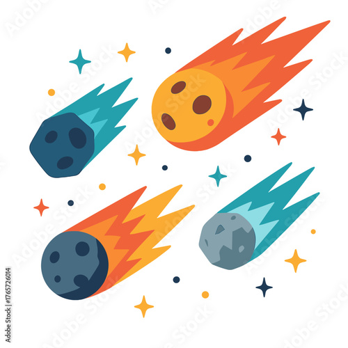 Collection of stylized comets and meteors flying through the cosmos with bright trails