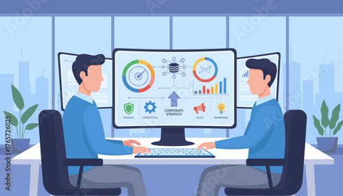 Two business analysts collaborating on a corporate strategy, analyzing financial data, operations, sales, and marketing metrics on multiple computer screens in a modern office setting with city