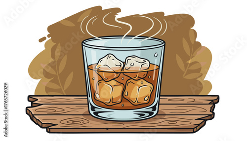 Aromatic whiskey or bourbon served in a crystal glass with ice cubes, emitting steam, presented on a rustic wooden surface with a blurred background of leaves, evoking a sense of warmth and