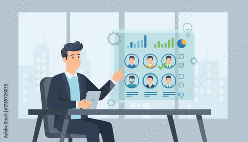 A businessman in a suit sits at a desk, holding a tablet and pointing at a digital screen displaying a performance review dashboard with employee profiles, charts, and checkmarks, symbolizing data