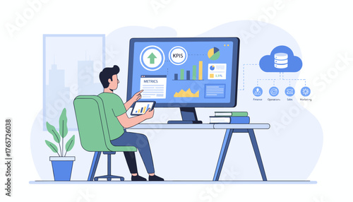 A focused analyst sits at a desk, interacting with a large monitor displaying business analytics, KPIs, and metrics, while holding a tablet, symbolizing data-driven decision-making and digital