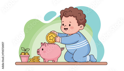 Adorable cartoon baby in blue pajamas happily placing a golden coin with a star into a pink piggy bank, symbolizing early financial education and saving habits, with a small potted plant and stacked
