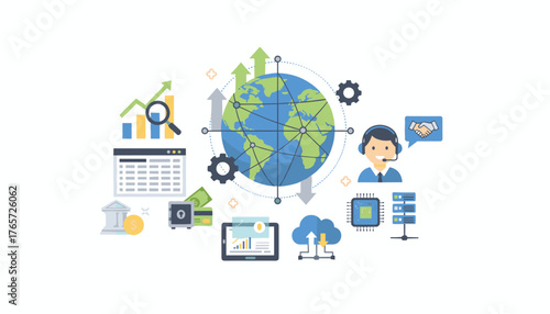 Global business and economic growth concept illustration with interconnected earth, financial charts, banking, technology, and customer support icons, symbolizing international trade, investment, and