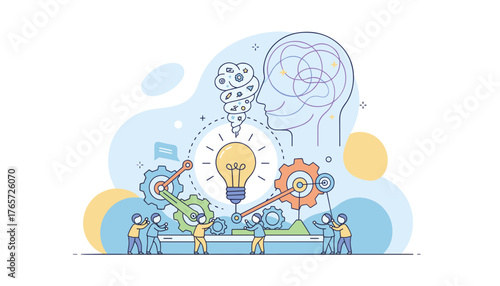 Business concept vector illustration of little people working together to generate ideas and innovation, symbolized by a lightbulb and gears, with a stylized human head representing thought processes