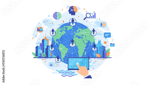 Global business communication and networking concept, illustrating interconnectedness through AI, big data, and digital technology, with cityscapes and human icons representing a worldwide network of