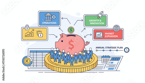 Vibrant conceptual illustration of a company's budget planning and management strategy, featuring a piggy bank, team of professionals, financial growth charts, market expansion globe, operations