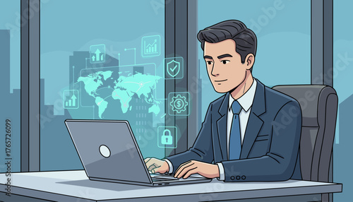 A focused businessman in a suit works on a laptop, surrounded by a futuristic holographic interface displaying a world map, financial charts, security icons, and global business data, symbolizing