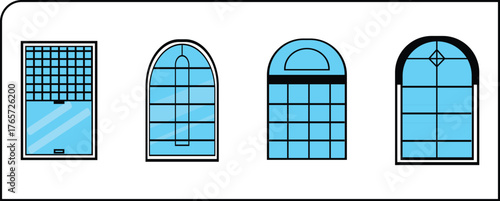 Collection of four flat design vector windows featuring clean black frames and light blue glass with subtle glare. Includes a rectangular double-hung window with a fine grid, and three variations.