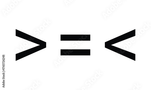 Minimalist illustration of mathematical symbols showing greater than, equal to, and less than signs in bold black on a white background, representing comparison, logic, and equality concepts.