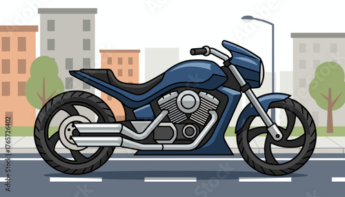 Detailed side view of a sleek, modern, dark blue motorcycle with chrome accents, parked on a city street with buildings and trees in the background, featuring a visible engine and exhaust pipes