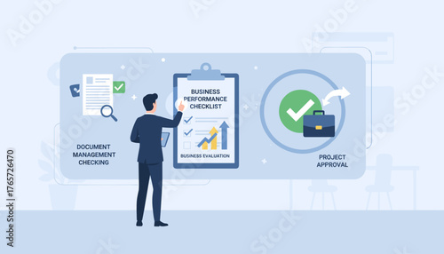 Business performance checklist concept with document management checking and project approval, illustrating a successful workflow and evaluation process with a businessman overseeing the steps and a