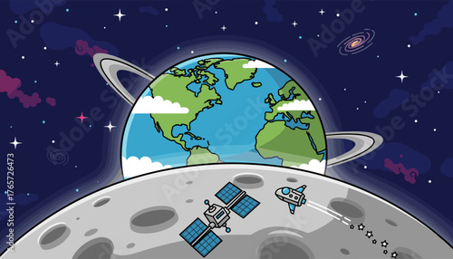 Vivid cartoon illustration of Earth rising above the Moon's surface, showcasing continents and clouds, with a satellite and a small rocket ship in the foreground, set against a starry, deep blue