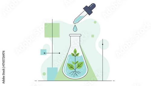 Abstract illustration of a plant growing inside a laboratory flask with a dropper adding a liquid sample, symbolizing biotechnology, scientific research, and organic development in a clean, modern