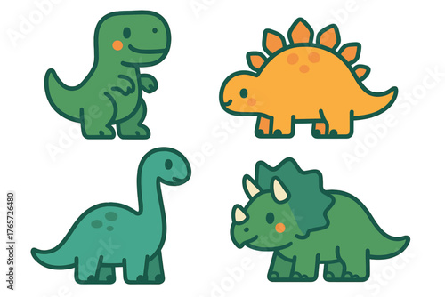 Adorable cartoon dinosaur characters including T-Rex, Stegosaurus, Brontosaurus, and Triceratops