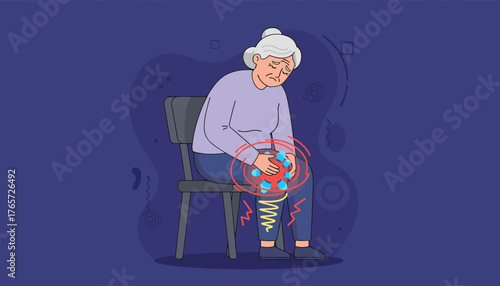 Elderly woman suffering from severe knee pain, holding her joint with a pained expression, illustrating joint inflammation, arthritis, and the physical discomfort associated with aging and bone