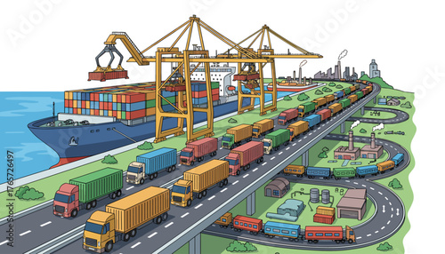 Vibrant illustration of a busy international shipping port with a large cargo ship being loaded by cranes, surrounded by a complex network of trucks and trains transporting containers, symbolizing