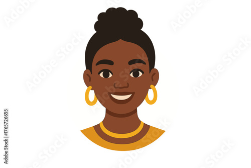 Happy young Black woman with dark skin smiling brightly, wearing a bun hairstyle and large yellow hoop earrings