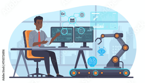 A focused technical industrial engineer, dressed in a grey shirt and red tie, works at a desk with multiple computer monitors displaying complex data and schematics, overseeing a robotic arm and