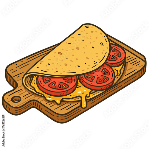 Appetizing folded tortilla filled with gooey cheese and ripe tomato slices on a serving platter
