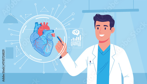 A male cardiologist in a white lab coat examines a 3D holographic projection of a human heart, utilizing advanced technology and digital interfaces for diagnosis and medical research, showcasing