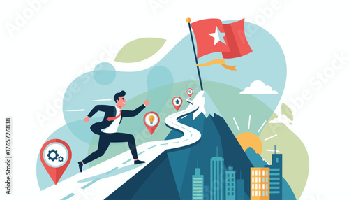 Dynamic illustration of a determined businessman in a suit running uphill towards a mountain peak topped with a red flag, symbolizing business success, goal achievement, and strategic roadmap