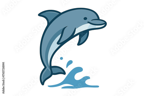 Adorable blue dolphin character leaping high above the surface with water splash below
