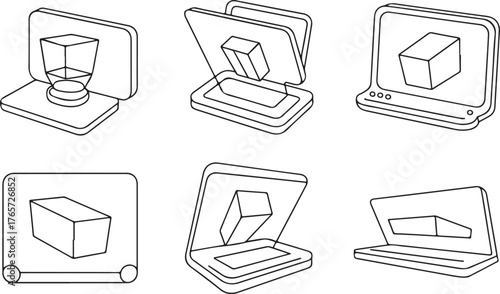 Set of 3D Printing and Hologram Technology Outline Icons - Isometric Vector
